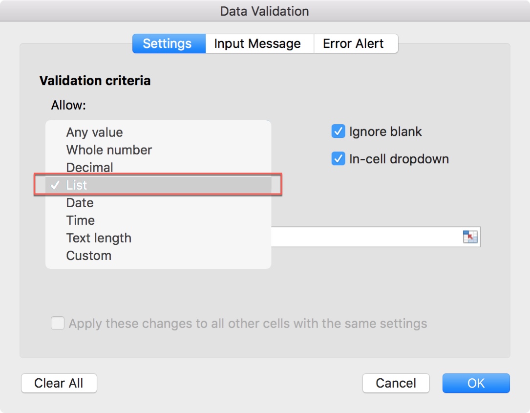 shortcut for data validation excel mac 2016